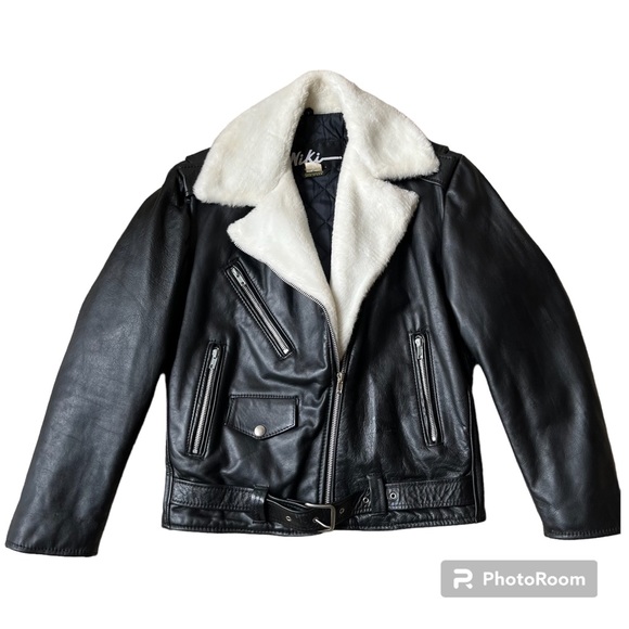 Vintage Nikki black leather motorcycle jacket white plush fur trim collar EUC M - Picture 3 of 16